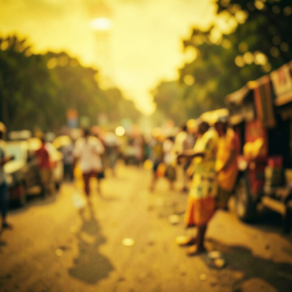 Wide cinematic frame of a sunlit Indian riverside city at golden hour, soft pastel colors blending into warm haze, with shallow depth of field