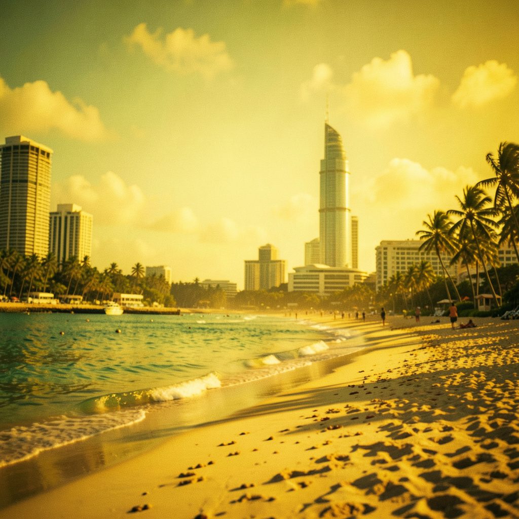 A relaxed cityscape with open sky and muted colors, giving a sense of open urban space and calm travel mood