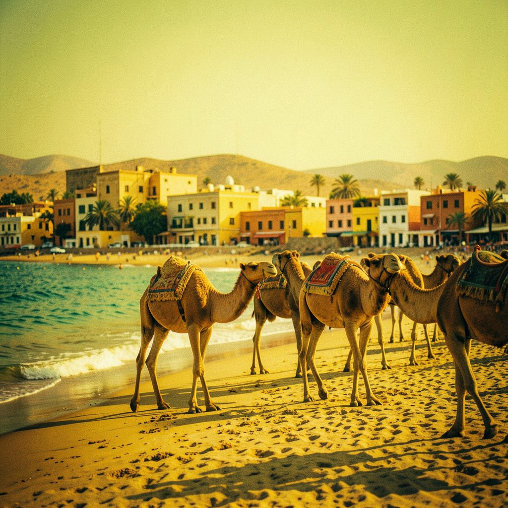 Soft golden-hour view of camels resting on a wide Atlantic shoreline, with whitewashed riad rooftops in the distance, muted sand and sky blues blending together.