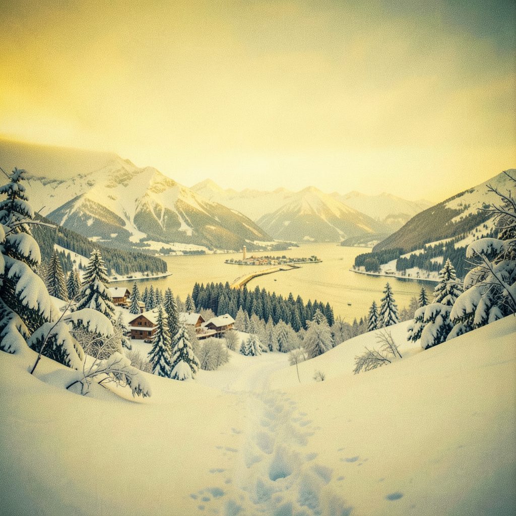 Wide cinematic frame of a snowy Oslo winter streetscape at dusk, soft blue and pale amber lights blurred in the background, shallow depth of field, cool and tranquil mood