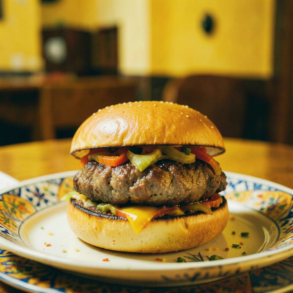 A lamb burger resting on rustic wooden boards beside a small salad, warm earthy tones of brown and green with a soft outdoor glow, evocative of a Moroccan street kitchen.
