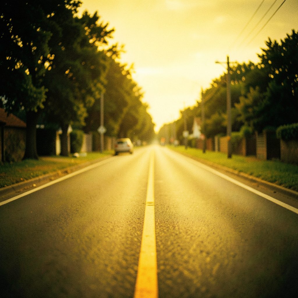A wide, cinematic view of a quiet Lombok road, with warm earth tones and soft greenery under a hazy sky